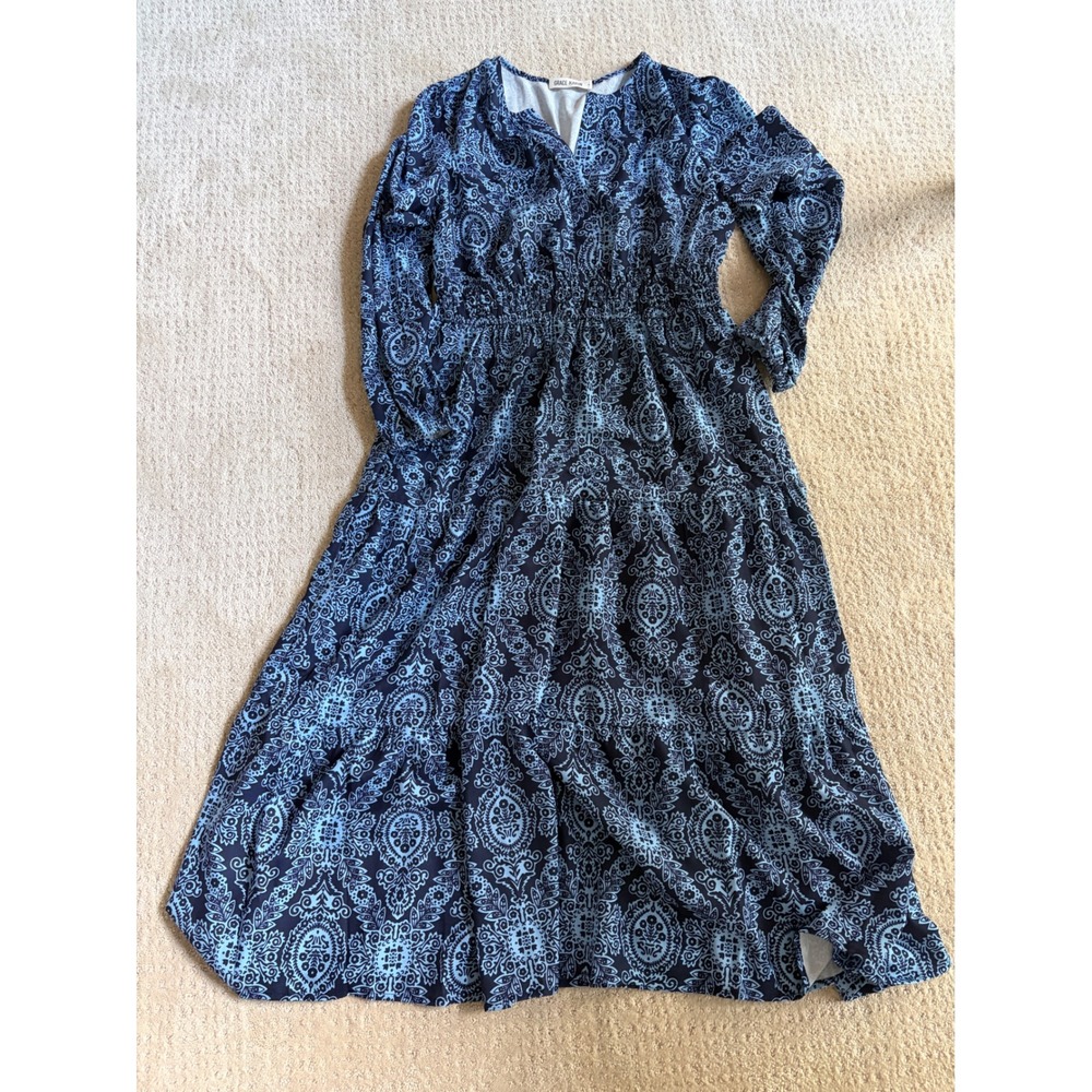 Grace Karin Blue Paisley Damask Smocked Waist Tiered‎ Midi Dress Womens Medium